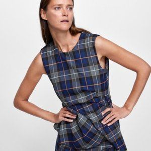 Zara Top Blue Sleeveless Shirt Pleated Plaid Asymmetric